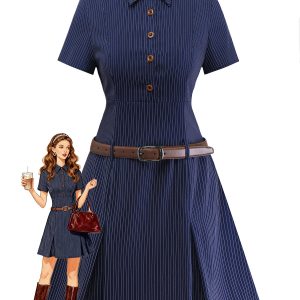 Blue 1970s Pinstripe Pleated Shirt Collar Dress