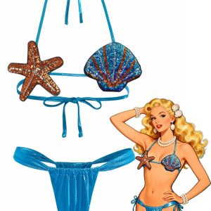Blue 1970s Shell & Starfish Bikini Set