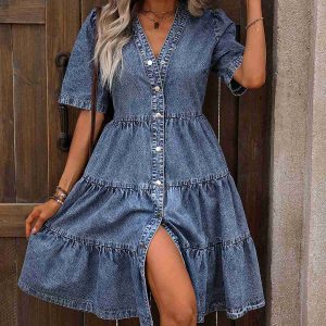 Blue 1970s V-Neck Half Sleeves Denim Dress