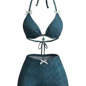 Blue 1980s Halter Beaded Denim Bow Bikini Set