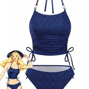 Blue 1980s Halter Pearl Sequin Shimmer Tankini Set