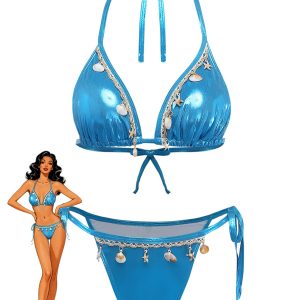 Blue 1980s Metallic Shell Halter Bikini Set