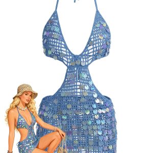 Blue 1980s Sequin Deep V-Neck Backless Beach Cover Up