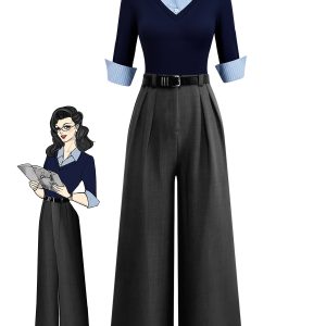 Blue & Gray 1940s Knit Colorblock 3/4 Sleeve Shirt Jumpsuit
