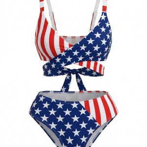 Blue & Red 1960s Stripe Star Print Bikini Set