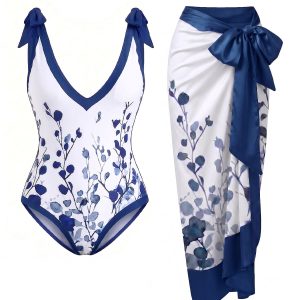 [Pre-Sale] Blue & White 1950s Floral One-Piece Swimsuit & Cover Up