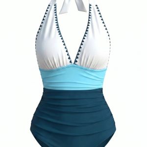 Blue & White 1950s Zigzag Embroidered V-Neck Swimsuit