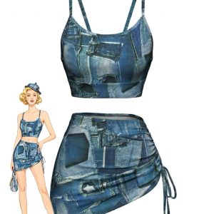 Blue Y2K Denim Patchwork Print Drawstring Bikini Set & Cover-up