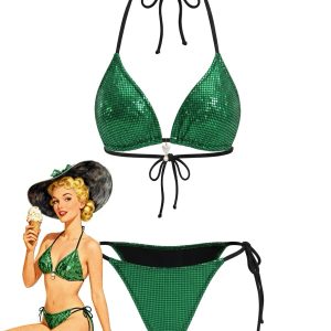 Bright Green 1980s Sequin Halter String Bikini Set