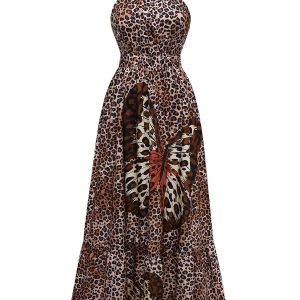 Brown 1930s Leopard Butterfly Round Halter Dress