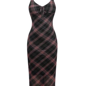 Brown 1930s Scottish Plaid Suspender V-Neck Maxi Dress