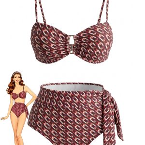 Brown 1940s Chain Print High Waist Bikini Set