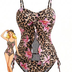 Brown 1940s Leopard Floral Print Front Cutout Tankini Set