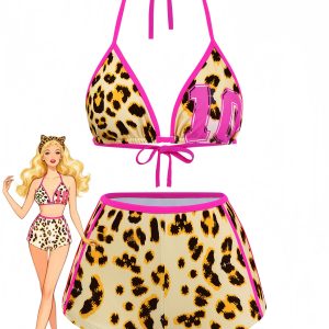 Brown 1950s Leopard Halter Colorblock Tankini Set