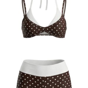 [Pre-Sale] Brown 1950s Polka Dot Double-Layer Swimsuit