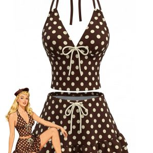 Brown 1950s Polka Dot Halter Ruffle Swimsuit