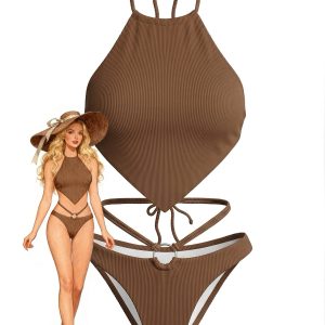Brown 1960s Halter Ribbed Bikini Set