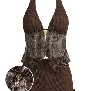 [Pre-Sale] Brown 1960s Halter Sheer Embroidered Mesh Tankini Set