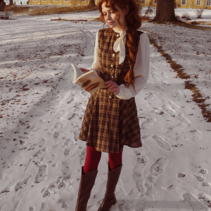 Brown 1960s Plaid Bow Tie Button Swing Dress