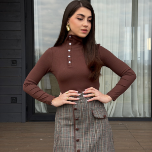 Brown 1970s Knitted Plaid Asymmetrical Neck Dress