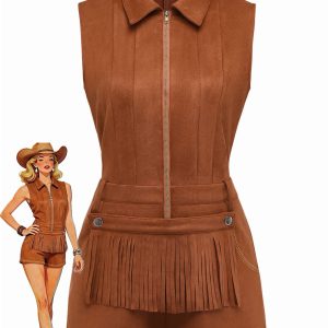 Brown 1970s Western Cowboy Suede Fringe Sleeveless Romper
