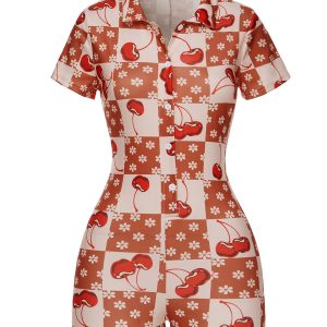 Brown & Red 1950s Cherry Checkerboard Lapel Romper
