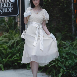 Champagne 1950s Satin Belt Tulle Cocktail Dress
