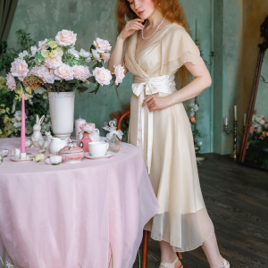 Champagne 1950s Satin Belt Tulle Cocktail Dress