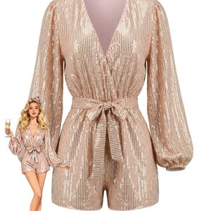 Champagne 1980s Sequin Long Sleeve Tie Waist Romper