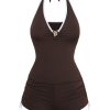 Coffee 1950s Halter Drawstring Ruched Tankini Set
