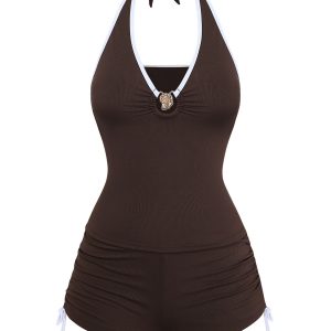Coffee 1950s Halter Drawstring Ruched Tankini Set