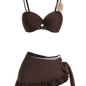 Coffee 1980s Satin Metallic Sun Ruffle Tie Bikini Set