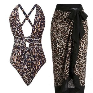 1930s Deep V-Neck Criss-Cross Halter Leopard Swimsuit & Cover-up