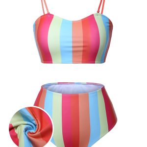 [Plus Size] Colorful 1950s Vertical Stripe Swimsuit