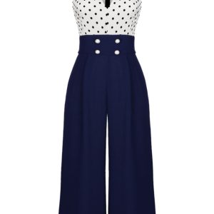 [Plus Size] Dark Blue 1930s Polka Dot Patchwork Jumpsuit