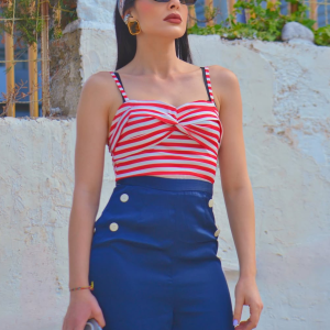 Dark Blue 1930s Spaghetti Strap Stripes Jumpsuit