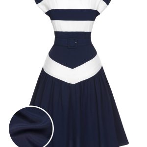 Dark Blue 1940s Boat Neck Stripe Dress