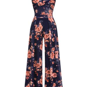 Dark Blue 1960s Off-Shoulder Floral Jumpsuit
