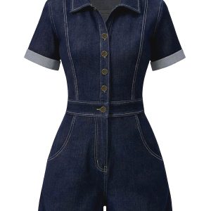 Dark Blue 1960s Shirt Collar Denim Romper