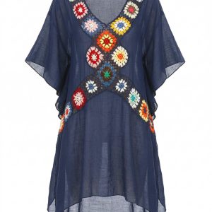 Navy Blue 1970s Boho Crochet Granny Square Cover-up