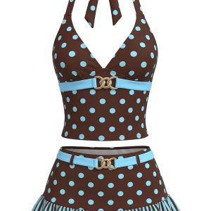 Dark Brown 1950s Polka Dot Tankini Set