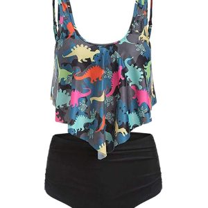 Dark Gray 1950s Retro Dinosaur Tankini Set