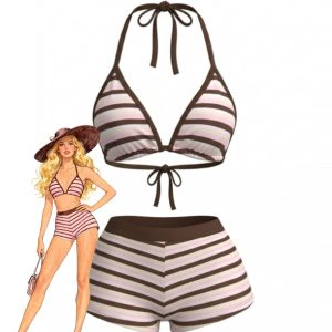 Dark Pink 1980s Lace-Up Striped Bikini Set