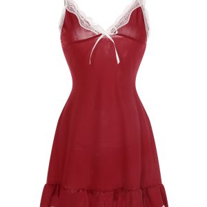 Deep Red 1970s Spaghetti Straps Lace Nightgown