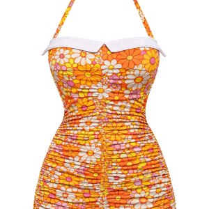 Orange Gingham 1950s Halter Bowknot One-piece Swimsuit