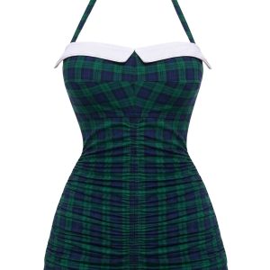 Blue-Green Gingham 1950s Halter Bowknot One-piece Swimsuit