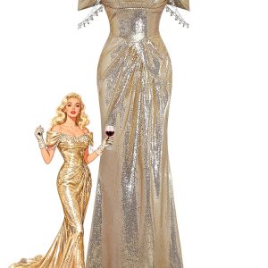 Gold 1980s Off-Shoulder Sequin Party Dress