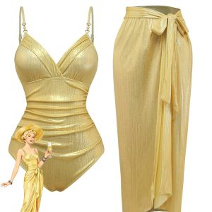 Gold 1980s Ruched One-Piece Swimsuit & Cover Up