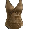 [Plus Size] Gold 1980s Solid Plunging Ruched Swimsuit