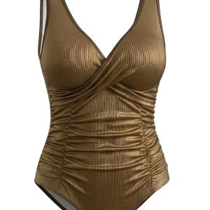 [Plus Size] Gold 1980s Solid Plunging Ruched Swimsuit